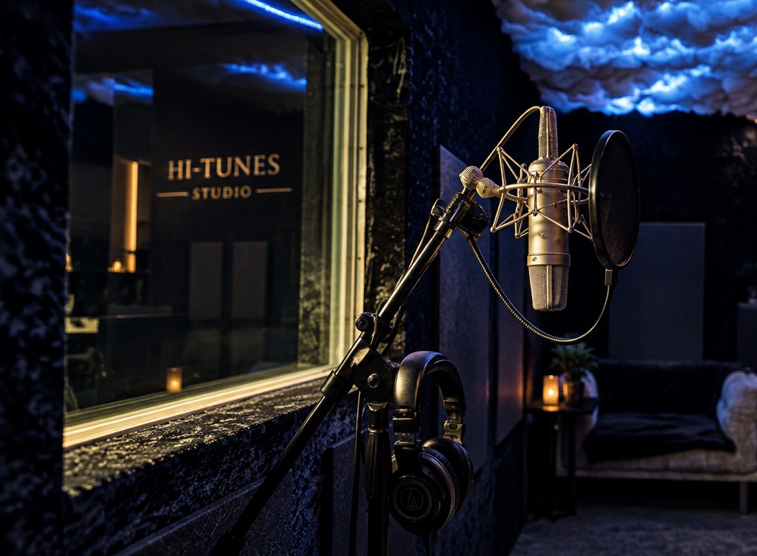 Microphone and pop filter in the Hi-Tunes acoustically treated recording booth with cloud ceiling and studio window